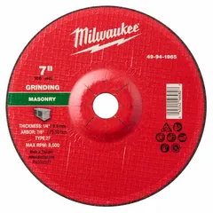 This MILWAUKEE grinding wheel is a Type 27 wheel with dimensions 7" x 1/4" x 7/8". It features silicon carbide abrasive with 24 grit, designed for smoothing, shaping, and material removal on concrete, masonry, stone, and brick surfaces.
