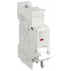 This undervoltage release accessory is designed for use with Multi 9 circuit breakers. It operates at 24V AC/DC and automatically trips the circuit breaker when supply voltage drops below a preset level, providing protection for electrical systems in industrial and commercial applications.