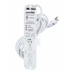 This LEVITON surge protector features 4 outlets, a 15 ft cord, 644 J energy rating, and 15 A current. It has a white finish, 5-15P plug, and screw mounting. Suitable for protecting sensitive equipment in healthcare settings.