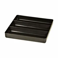 This black tool tray from ERNST MANUFACTURING measures 10 1/2 inches in overall length and width. Designed for drawer storage, it helps organize small parts, tools, and accessories in workshops, garages, and maintenance areas.