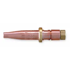 Size 1 cutting tip for handheld torches, designed for use with acetylene. Suitable for cutting mild steel from 1/2 in to 5/8 in thickness. Commonly used in metal fabrication, repair, and demolition applications.