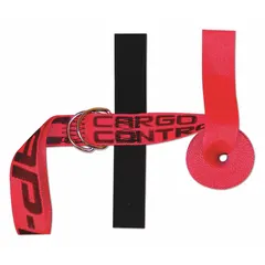 Cargo strap for securing loads on hand trucks or during transport. Features a roller buckle grip for quick connect/disconnect, a loop end for fastening, and zinc-plated hardware that resists contaminants and weather. Includes a scratch protector between buckle and cargo, and hook/loop fastener for storage. Rated for 400 lb.