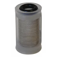 Replacement plastic filter for faucet sensor solenoid valves. Removes debris from water flow to protect internal valve components. Used in commercial or institutional washroom plumbing systems.