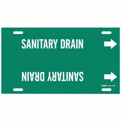 Green pipe marker with white legend reading 'Sanitary Drain' and directional arrows. Fits pipe outer diameters from 6 to 7-7/8 inches. Single strap-on marker for identifying sanitary drain lines in industrial piping systems.