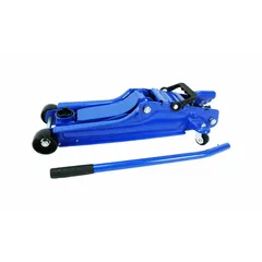 This manual-handle trolley floor jack from WESTWARD has a 2.5 ton load capacity and a steel body. It is a mechanical lifting device used for raising vehicles and heavy equipment in automotive repair, industrial maintenance, and workshop environments.