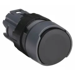 Momentary flush-mount push-button operator from the XB6 series. Features a non-metallic black actuator with a 16 mm mounting size. Suitable for panel-mount control applications in industrial machinery and automation systems.