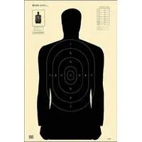 Paper silhouette target measuring 35 inches high by 23 inches wide, printed in black. Sold in packs of 100. Designed for scoring and qualification at shooting ranges, suitable for law enforcement, military, and civilian marksmanship training