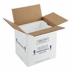 This 4-pack of insulated shipping containers consists of a white cardboard outer box with a 1.5 in thick Styrofoam insert. Each box measures 8 in x 6 in x 9 in. Used for temperature-sensitive shipments requiring thermal protection during transit.