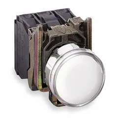 Momentary illuminated push button with flush profile and metallic construction. Features 1 normally open and 1 normally closed contact. Designed for 22 mm panel mounting in industrial control panels and automation systems.