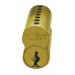 This BEST Small Format Interchangeable Core (SFIC) cylinder is constructed of brass and designed for use in cylindrical lock assemblies. It features a 7-pin configuration with Keyway Type A, allowing core replacement without removing the lock from the door. Suitable for commercial applications requiring quick rekeying.