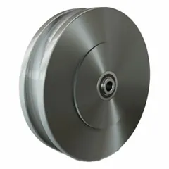 U-groove wheel designed for use on track or rail systems in industrial material handling. Wheel diameter 8 in, width 2 in, fits 1/2 in axle, load capacity 2,650 lb. Clear finish.