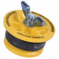End-of-pipe plug for 2-inch pipe. Natural rubber sealing element expands against pipe wall when zinc wing nut is tightened. ABS plate and zinc handle. Used for isolating pipe sections during pressure testing or maintenance. Water fill port not included