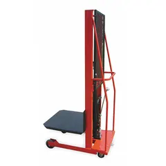 This platform lift truck has a 1000 lb capacity and a steel platform measuring 30 in L x 32 in W. It lifts loads from 5 3/4 in to 80 in and features an axle-mounted configuration. Typical applications include loading docks, assembly lines, and maintenance tasks in industrial and warehouse settings.
