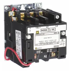 Non-reversing NEMA magnetic contactor for switching motor loads and other inductive loads in industrial control panels. Three-pole configuration, NEMA Size 00, rated 9 A continuous current with 120V AC coil. Suitable for on/off control of 3-phase motors in applications such as HVAC, pumping, and conveyor systems.