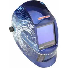 Auto-darkening welding helmet with blue/white graphic nylon shell. Features four arc sensors, analog shade control W5-13, and a 3.74 x 3.34 in viewing area. Includes grind mode and ratchet suspension adjustment. Suitable for arc welding, grinding, and cutting applications.