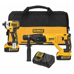 This 2-tool kit includes a 20V MAX* impact driver and rotary hammer for fastening and drilling in wood, metal, and masonry. Both tools operate on a 20V DC battery system, suitable for construction and renovation tasks.