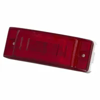 This GROTE clearance light is an LED, rectangular lamp with a red lens. It features a bracket mount and a male pin connector for electrical connection. The SAE Lens Code PC indicates compliance with photometric standards for clearance and marker lighting. Typical applications include marking the width and height of trucks, trailers, and heavy equipment