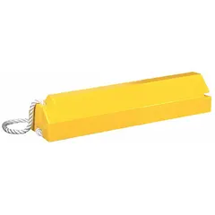 Single yellow urethane wheel chock for securing aircraft and heavy vehicles during parking, loading, or maintenance. Measures 14 in overall length, 5 1/2 in overall width, and 3 1/2 in overall height. High-visibility yellow color aids safety compliance.