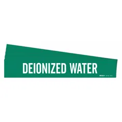 Green adhesive pipe marker with white legend reading 'Deionized Water'. Designed for pipes with outer diameter 2-1/2 to 7-7/8 inches. Sold in a 5-pack without directional arrows. Used to identify piping systems in industrial facilities.
