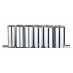 This 6-piece socket set includes deep SAE sockets with a 3/8 in drive and 6-point configuration, ranging from 11/16 in to 1 in. Designed for tightening and loosening hex fasteners in automotive, machinery, and general assembly tasks. Tether-ready feature aids in preventing tool drops in elevated or confined workspaces.