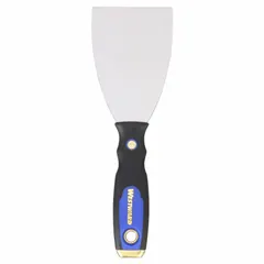 This putty knife features a full-tapered carbon steel blade for flexibility and control when applying and smoothing putty, filler, or spackle. The handle is constructed from plastic, rubber, and steel for a secure grip. Suitable for general maintenance, drywall repair, and painting preparation tasks.