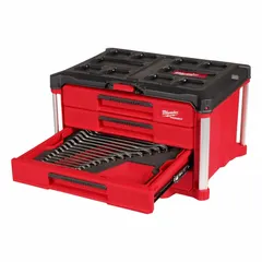 This 60-piece wrench set includes SAE and metric sizes from 8 mm to 22 mm, made of alloy steel with a chrome finish. The 12-point ratcheting box end features an offset/standard configuration for access to recessed fasteners. Suitable for tightening and loosening fasteners in automotive repair, industrial maintenance, and mechanical assembly.