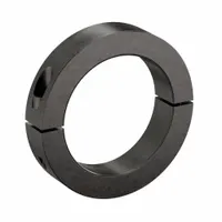 Inch, round, clamp-on shaft collar with 4 13/16 in bore diameter. Two-piece carbon steel design for heavy-duty axial positioning, spacing, or stopping of components on shafts. Suitable for use in industrial machinery such as conveyors, packaging equipment, and material handling systems