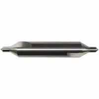 Double-end plain-tip center drill with a 60° included angle and 2-inch overall length. Constructed from TiN coated carbide for wear resistance. Used to create conical starting holes for lathe work or subsequent drilling operations, ensuring accurate alignment in machining applications