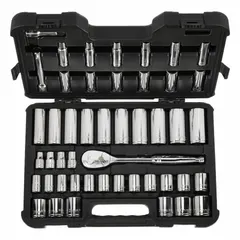 This 47-piece metric socket set features a 1/2 in drive and 12-point design, covering sizes from 10 mm to 32 mm. It includes deep sockets and is tether ready for use in elevated or confined workspaces. Suitable for tightening and loosening fasteners in automotive, machinery, and industrial applications.
