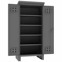 This stationary outdoor industrial shelf cabinet is constructed from welded steel with a gray powder-coated finish. It includes four adjustable shelves and is supported by legs. The cabinet features a swing handle and padlock hasp for security. Suitable for organizing tools, equipment, and supplies in outdoor industrial environments.
