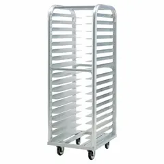 This wide-angle roll-in pan rack accommodates 14 x 18 in pans with 12 slots spaced 3 in apart. It measures 21 1/2 in wide by 64 in high, is non-nesting, and does not include a top. NSF Certified for sanitation standards, it is used in commercial kitchens and foodservice operations for storing and transporting sheet pans.