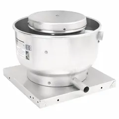 This direct-drive centrifugal fan is assembled with a square base for roof or wall mounting. It includes a drive package and an 8 1/4-inch wheel, delivering 197 cfm at 0.000 in SP. The open dripproof motor operates on 115V AC with three speeds. Suitable for general clean-air exhaust in low-static applications.
