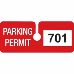 Vinyl parking hanger in red, with a 2 in card height and 4 3/4 in overall width. Supplied in a 100-pack for bulk issuance. Used to designate authorized parking in facilities such as industrial sites, office lots, or gated communities.