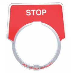 Metallic aluminum legend plate for 30 mm panel mounting. Half-round shape with red and silver finish, engraved 'Stop' legend in English. Overall height 2 in, width 1 3/4 in. Used to label push-button stations in industrial control panels, providing clear operator guidance for stop functions.