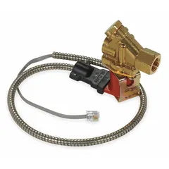 Metal solenoid valve for SLOAN Optima Series sensor faucets. Includes two terminal housings and an 18-inch armored cable. Controls water flow in response to sensor signals for touch-free operation in commercial restrooms and other high-traffic settings.