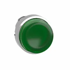 Momentary illuminated push-button operator with extended-length green actuator. Metallic construction for industrial environments. Suitable for control panel applications requiring visual status indication and momentary switching.