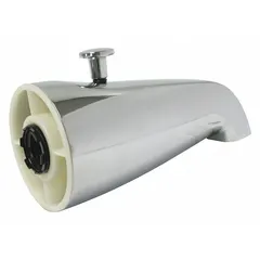 This bathtub spout features a pull-up diverter to redirect water flow to a showerhead. It has a 5-1/4 in spout reach and a 3/4 in IPS connection. The spout is made of plastic with a chrome finish, suitable for standard bathtub plumbing systems.