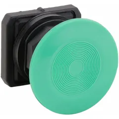 Green non-metallic momentary push-button operator with 30 mm mounting size. Designed for industrial control panel applications requiring a large actuation surface, such as start or reset functions in environments where gloved operation is common.