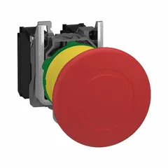 This SCHNEIDER XB5 series mushroom-head push button features a maintained action and a non-metallic construction. The 22 mm profile is suitable for flush mounting in control panels and machinery enclosures. Typical applications include industrial control stations and machine safety circuits where a manually operated stop function is required.