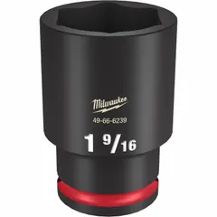 This 1/2" drive impact socket features a 1-9/16" SAE size with a 6-point deep design and friction ring. The black phosphate finish provides corrosion resistance. Suitable for fastening and loosening heavy-duty bolts and nuts using impact tools in automotive, construction, and industrial settings.