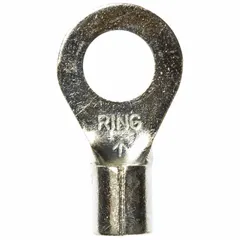 Non-insulated ring terminal with brazed barrel and seam for 8 AWG wire and 5/16 in stud. Rated for 1000 V. Used for secure electrical connections in industrial equipment, panel building, and power distribution.