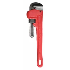 Straight pipe wrench with serrated jaws and I-Beam cast iron construction. Overall length 12 inches, jaw capacity 2 inches. Used for gripping and turning pipes, fittings, and round objects in plumbing and maintenance applications.