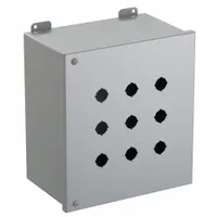 Carbon steel enclosure with nine 22mm diameter holes for mounting push buttons, pilot lights, or selector switches. Rated NEMA 12 for indoor protection against dust, falling dirt, and water droplets. Suitable for industrial control stations and operator interface applications