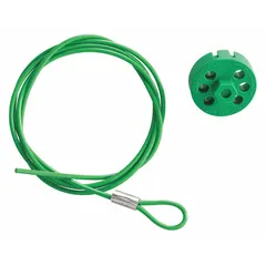 This twist-lock cable lockout device features a polypropylene body and a 4.9 ft steel cable with a clear PVC finish. It is used in lockout/tagout procedures to secure energy-isolating devices such as disconnect switches and valve handles, preventing accidental re-energization during maintenance.