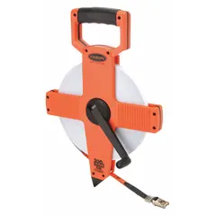 Manual open-reel long tape measure with a 200 ft fiberglass blade, single-sided SAE/Engineers scale graduated in 1/100 ft. Features a nonmagnetic single hook end and a plastic case. Suitable for measuring long distances in construction, surveying, and engineering applications.