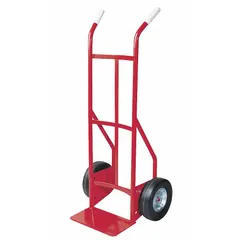 This hand truck features a steel frame with a dual-handle design and a red finish. It is equipped with flat-free 10-inch wheels for maintenance-free operation. Suitable for moving loads in warehouses, factories, and other industrial or commercial settings.