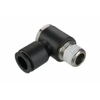 This LEGRIS tube fitting connects 1/4" BSPT threaded ports to 8 mm OD tubing. It features a push-to-connect design for quick assembly in pneumatic and fluid systems. The body is black nylon with nickel-plated brass components