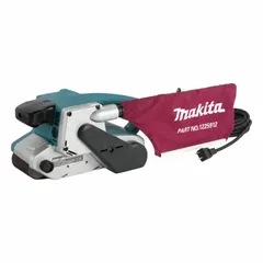 This corded belt sander operates at 1,440 SFPM and accepts 3-inch wide, 21-inch long belts. It includes one abrasive belt and a dust bag for debris collection. Suitable for smoothing, finishing, and material removal on flat surfaces and edges in industrial sanding applications.