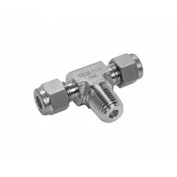 This HAM-LET double-ferrule compression tee fitting is made of stainless steel. It connects two 6 mm OD tubes and one 1/8 in pipe, creating a leak-tight branch in tubing systems for instrumentation, process control, and hydraulic lines