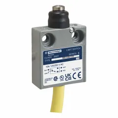 Metallic body limit switch with plunger actuator, constructed in zinc. Pre-wired cable connection. Maximum operating force 80 ozf. Used for position sensing in industrial machinery and automated systems.